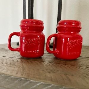 Red Ceramic Mason Jar  Salt and Pepper Shakers  Country Farmhouse Set